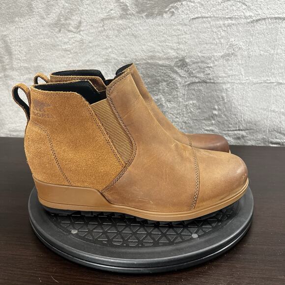 Sorel Womens Size 9 Evie Wedge Bootie Pull On Suede Leather Tan Ankle Boots - Picture 1 of 10